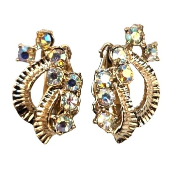 Vintage Gold-Tone Clip-On Earrings With Aurora Borealis Rhinestones 1" x .5" - Picture 1 of 10